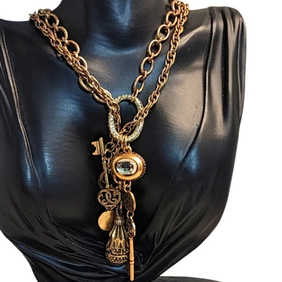 Vintage 80s Edwardian Charm Necklace Long Copper Chain w/ Keys & Venetian Glass - Picture 1 of 16